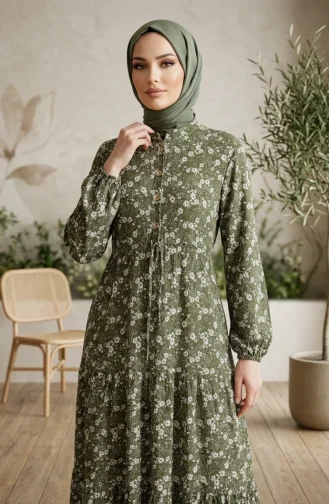 فستان حجاب منقوش بنصف أزرار من قماش الفسكوز 2296-02 كاكي 2296-02