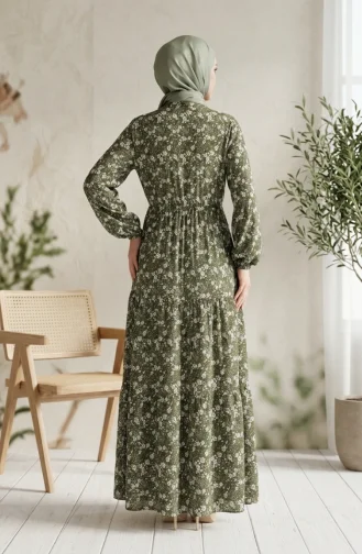 فستان حجاب منقوش بنصف أزرار من قماش الفسكوز 2296-02 كاكي 2296-02