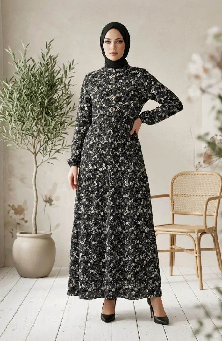 فستان حجاب منقوش بنصف أزرار من قماش الفسكوز 2296-03 أسود 2296-03