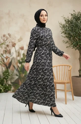 فستان حجاب منقوش بنصف أزرار من قماش الفسكوز 2296-03 أسود 2296-03