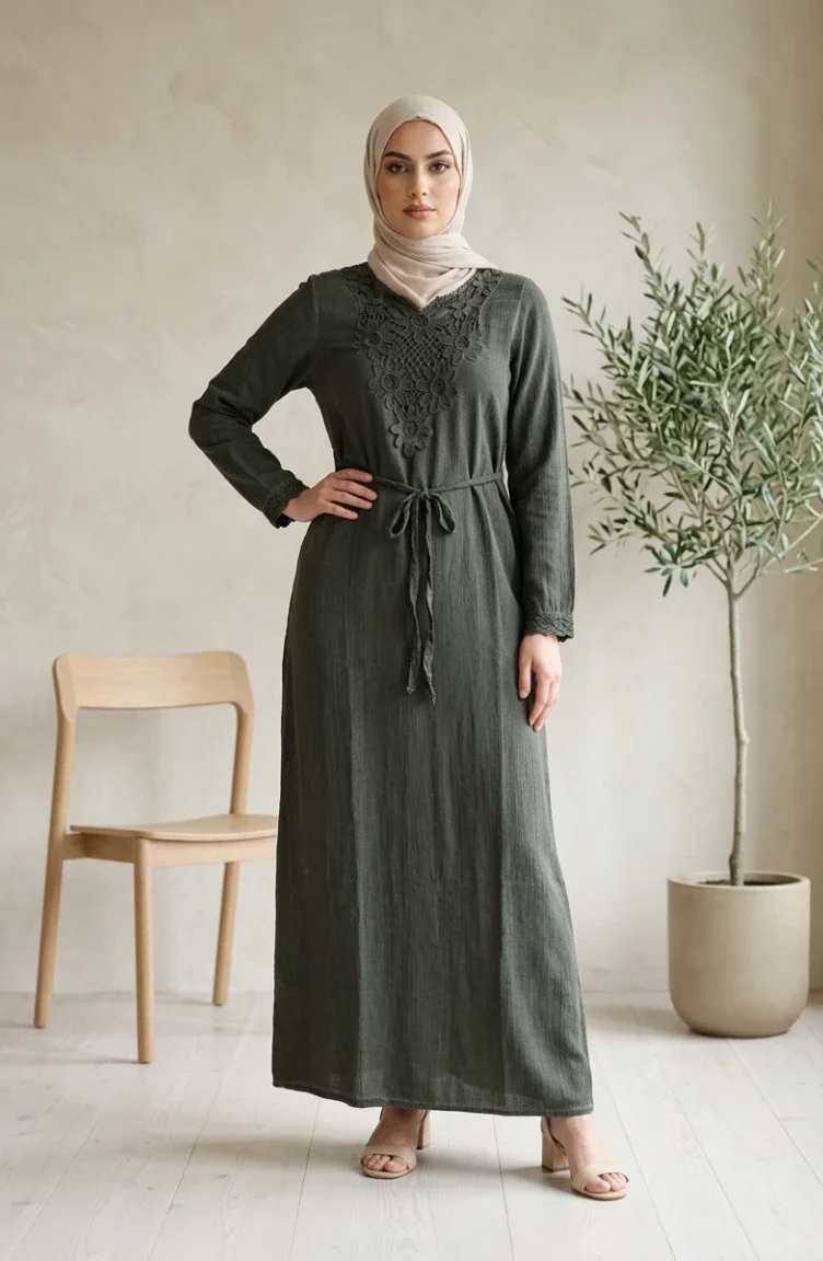 Robe Authentique En Tissu Şile 6480-02 Kaki 6480-02