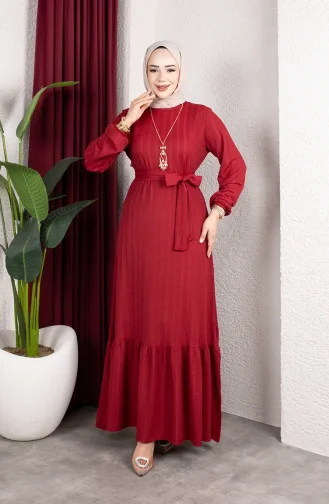 Robe Hijab Rayée Avec Ceinture En Crêpe Bordeaux 0908-01 0908-01