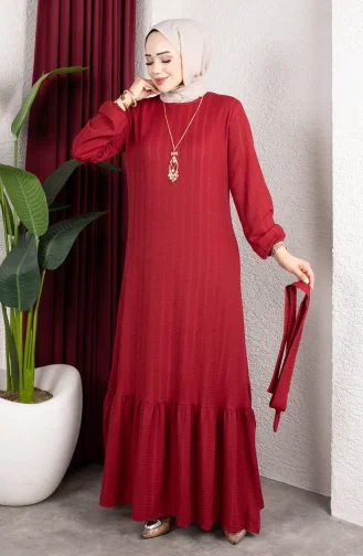 Robe Hijab Rayée Avec Ceinture En Crêpe Bordeaux 0908-01 0908-01