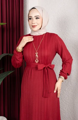 Robe Hijab Rayée Avec Ceinture En Crêpe Bordeaux 0908-01 0908-01