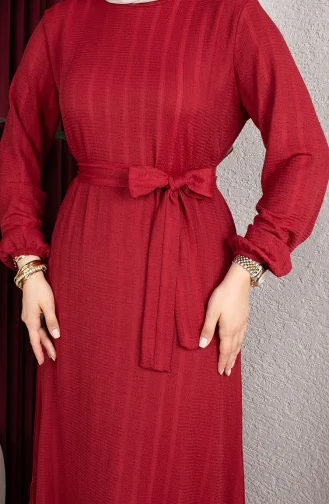 Robe Hijab Rayée Avec Ceinture En Crêpe Bordeaux 0908-01 0908-01