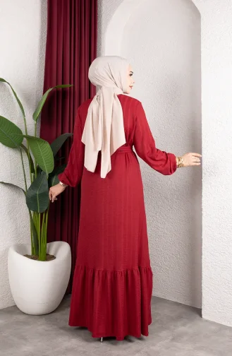 Robe Hijab Rayée Avec Ceinture En Crêpe Bordeaux 0908-01 0908-01
