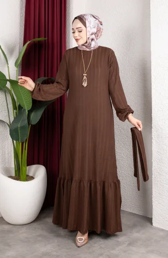 Robe Hijab Rayée Avec Ceinture En Crêpe Marron 0908-02 0908-02
