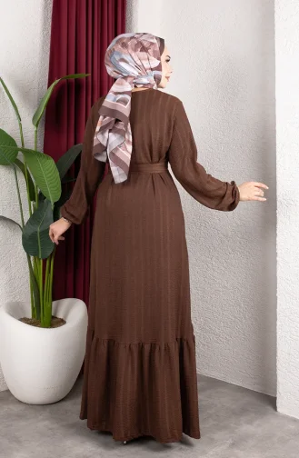 Robe Hijab Rayée Avec Ceinture En Crêpe Marron 0908-02 0908-02