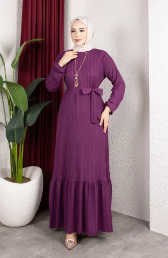 Robe Hijab Rayée Avec Ceinture En Crêpe Référence 0908-03 Prune 0908-03