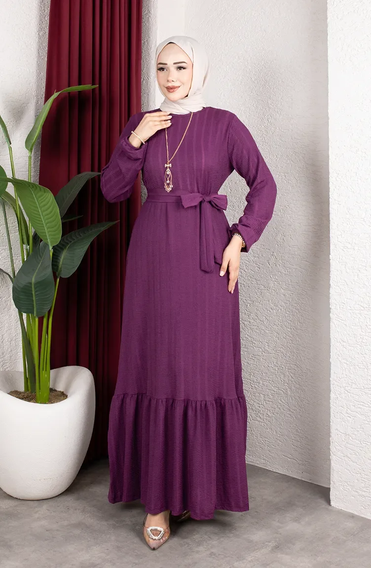 Robe Hijab Rayée Avec Ceinture En Crêpe Référence 0908-03 Prune 0908-03