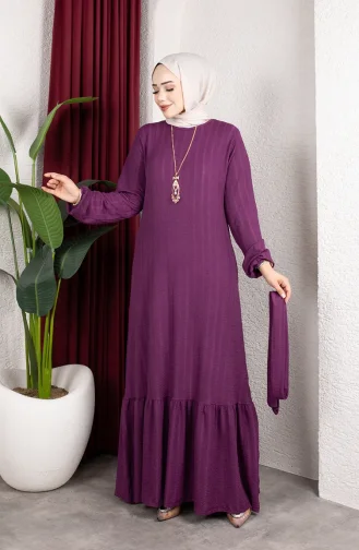 Robe Hijab Rayée Avec Ceinture En Crêpe Référence 0908-03 Prune 0908-03