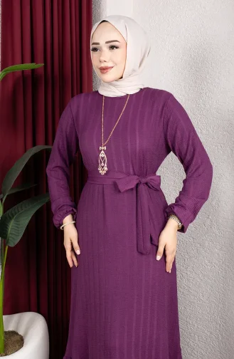 Robe Hijab Rayée Avec Ceinture En Crêpe Référence 0908-03 Prune 0908-03