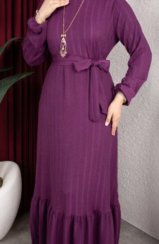 Robe Hijab Rayée Avec Ceinture En Crêpe Référence 0908-03 Prune 0908-03