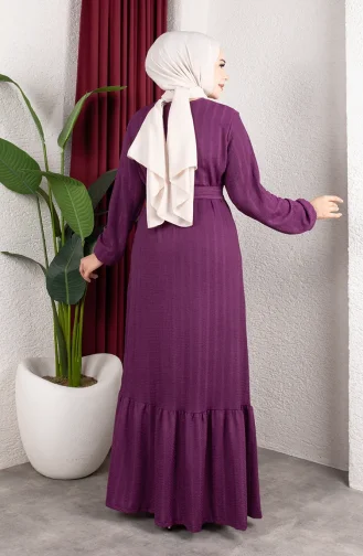 Robe Hijab Rayée Avec Ceinture En Crêpe Référence 0908-03 Prune 0908-03