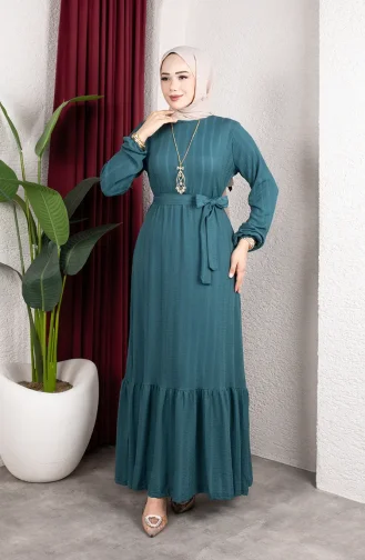 Robe Hijab Rayée Avec Ceinture En Crêpe Référence 0908-04 Couleur Pétrole 0908-04