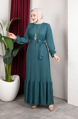 Robe Hijab Rayée Avec Ceinture En Crêpe Référence 0908-04 Couleur Pétrole 0908-04