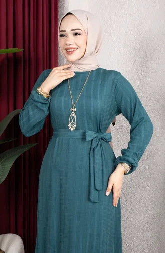 Robe Hijab Rayée Avec Ceinture En Crêpe Référence 0908-04 Couleur Pétrole 0908-04
