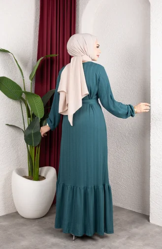 Robe Hijab Rayée Avec Ceinture En Crêpe Référence 0908-04 Couleur Pétrole 0908-04