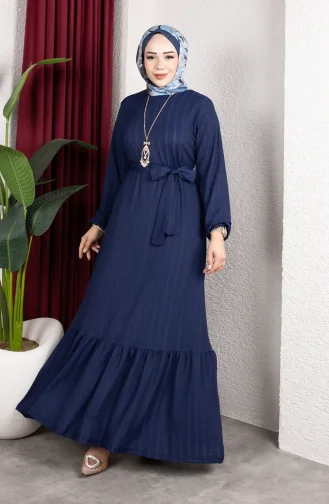 Robe Hijab Rayée Avec Ceinture En Crêpe Bleu Marine 0908-05 0908-05
