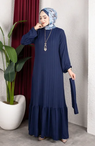 Robe Hijab Rayée Avec Ceinture En Crêpe Bleu Marine 0908-05 0908-05