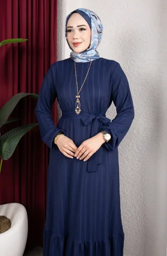 Robe Hijab Rayée Avec Ceinture En Crêpe Bleu Marine 0908-05 0908-05