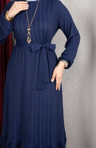 Robe Hijab Rayée Avec Ceinture En Crêpe Bleu Marine 0908-05 0908-05
