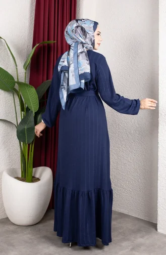 Robe Hijab Rayée Avec Ceinture En Crêpe Bleu Marine 0908-05 0908-05