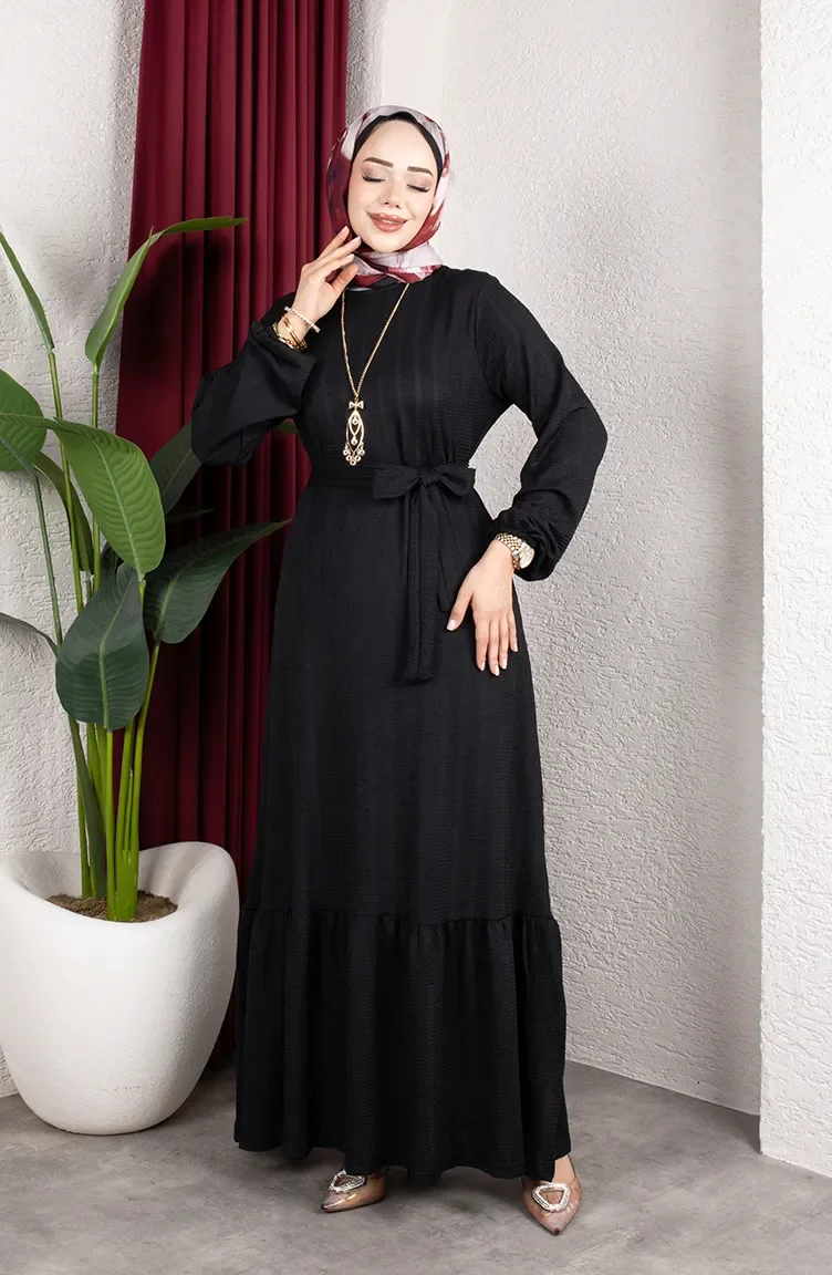 Robe Hijab Rayée Avec Ceinture En Crêpe Noir 0908-06 0908-06