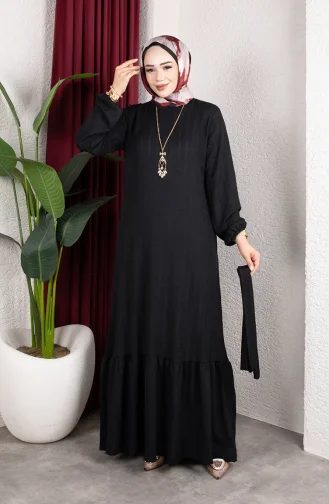 Robe Hijab Rayée Avec Ceinture En Crêpe Noir 0908-06 0908-06