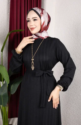 Robe Hijab Rayée Avec Ceinture En Crêpe Noir 0908-06 0908-06