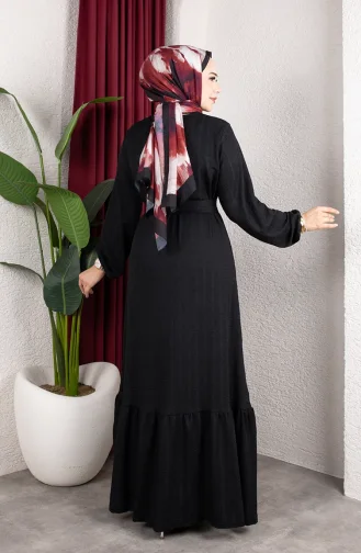 Robe Hijab Rayée Avec Ceinture En Crêpe Noir 0908-06 0908-06