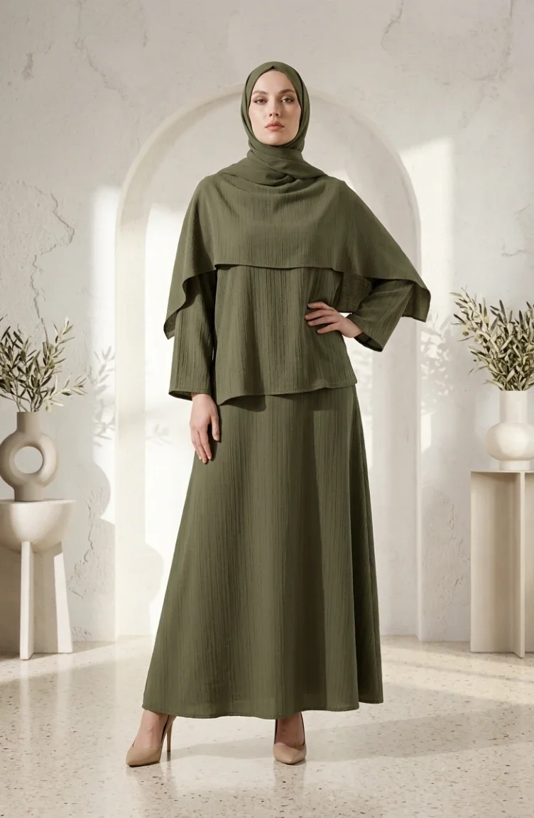 Ensemble Hijab Deux Pièces élégant à Texture Froissée 2294-01 Kaki 2294-01