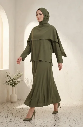 Ensemble Hijab Deux Pièces élégant à Texture Froissée 2294-01 Kaki 2294-01