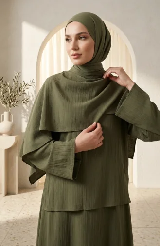 Ensemble Hijab Deux Pièces élégant à Texture Froissée 2294-01 Kaki 2294-01