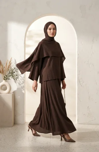 Ensemble Hijab Deux Pièces élégant à Texture Froissée 2294-02 Marron 2294-02