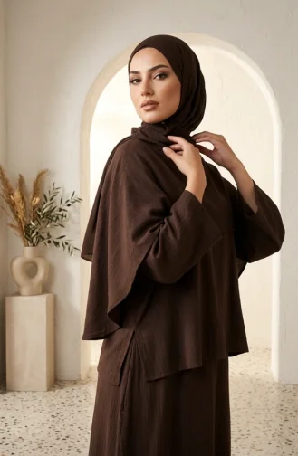 Ensemble Hijab Deux Pièces élégant à Texture Froissée 2294-02 Marron 2294-02