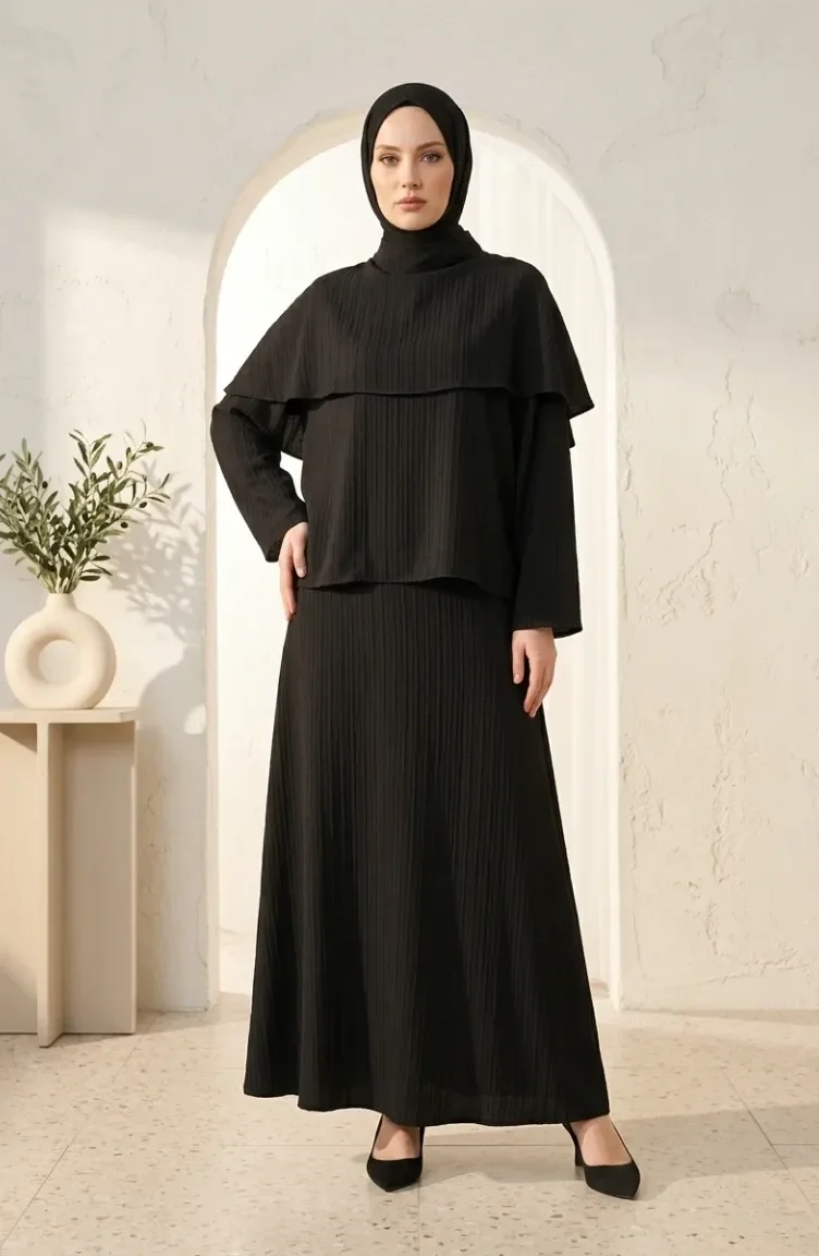 Ensemble Hijab Deux Pièces élégant à Texture Froissée 2294-04 Noir 2294-04