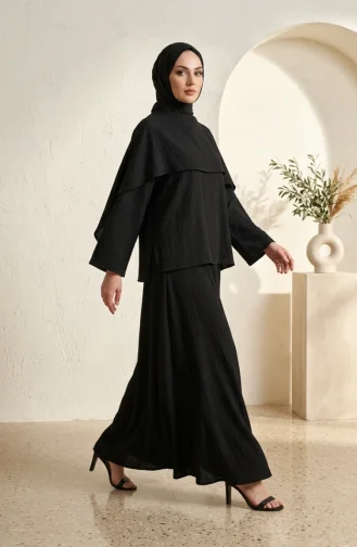 Ensemble Hijab Deux Pièces élégant à Texture Froissée 2294-04 Noir 2294-04