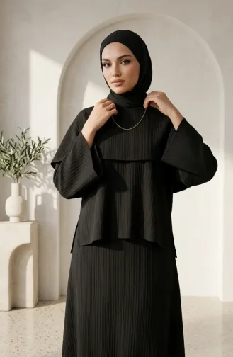 Ensemble Hijab Deux Pièces élégant à Texture Froissée 2294-04 Noir 2294-04