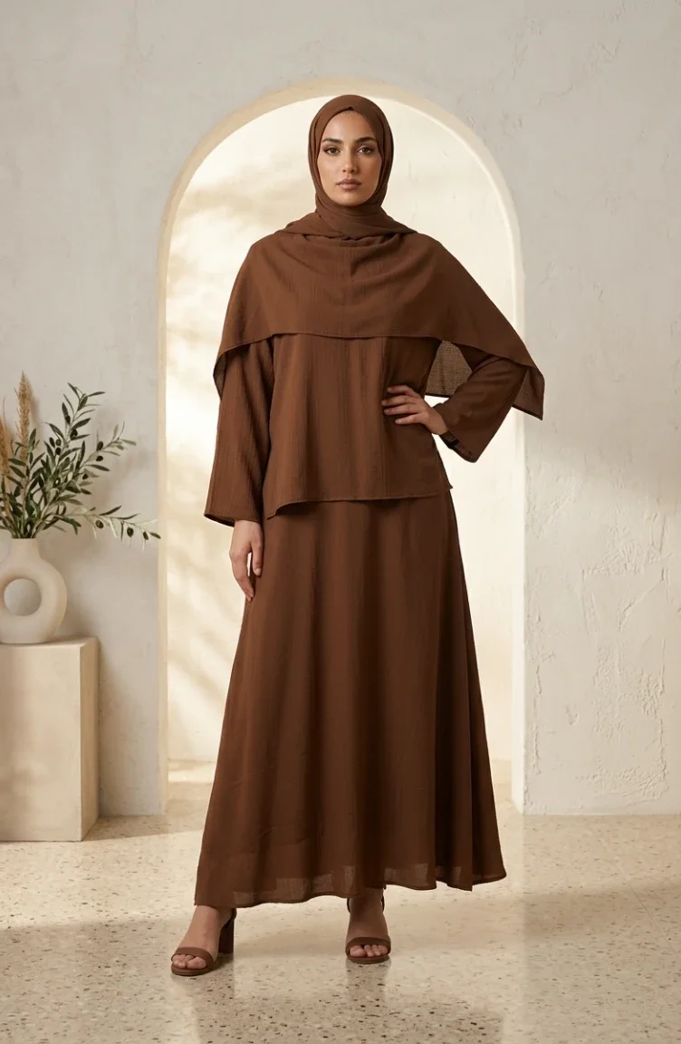 Ensemble Hijab Deux Pièces élégant à Texture Froissée 2294-05 Beige 2294-05