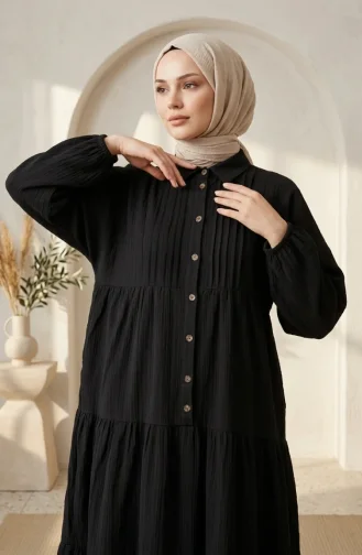 فستان حجاب بطبقات وأزرار نصفية 2293-01 أسود 2293-01