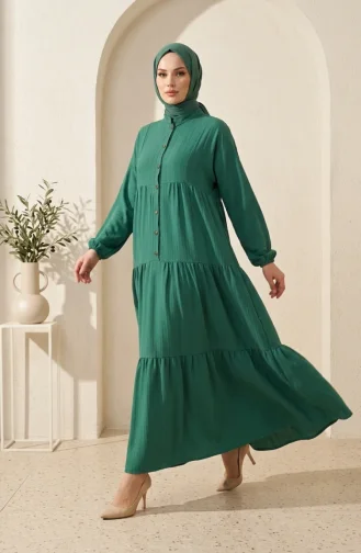 Robe Hijab à Demi-boutons Et à Plusieurs épaisseurs 2293-04 Verte 2293-04