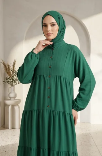 Robe Hijab à Demi-boutons Et à Plusieurs épaisseurs 2293-04 Verte 2293-04