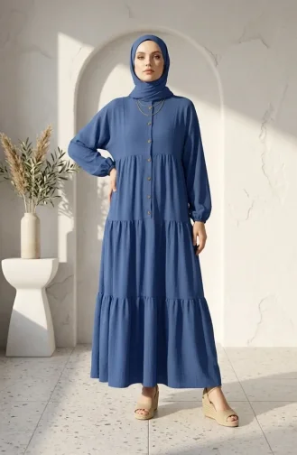 Robe Hijab à Demi-boutons Et à Plusieurs épaisseurs 2293-05 Indigo 2293-05