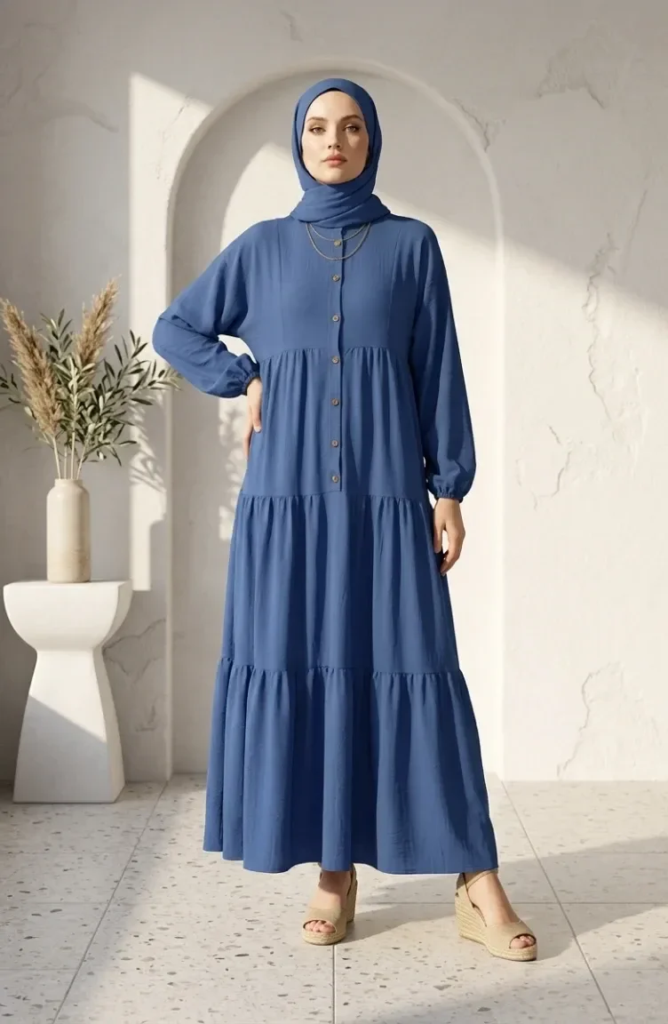 Robe Hijab à Demi-boutons Et à Plusieurs épaisseurs 2293-05 Indigo 2293-05