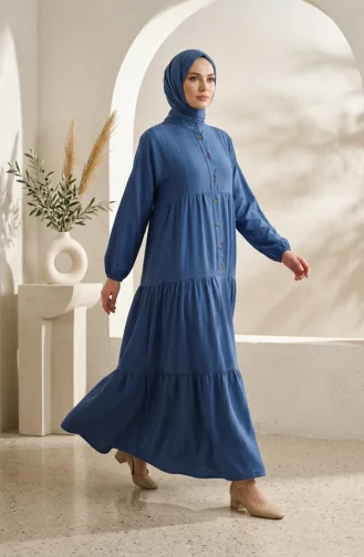 Robe Hijab à Demi-boutons Et à Plusieurs épaisseurs 2293-05 Indigo 2293-05