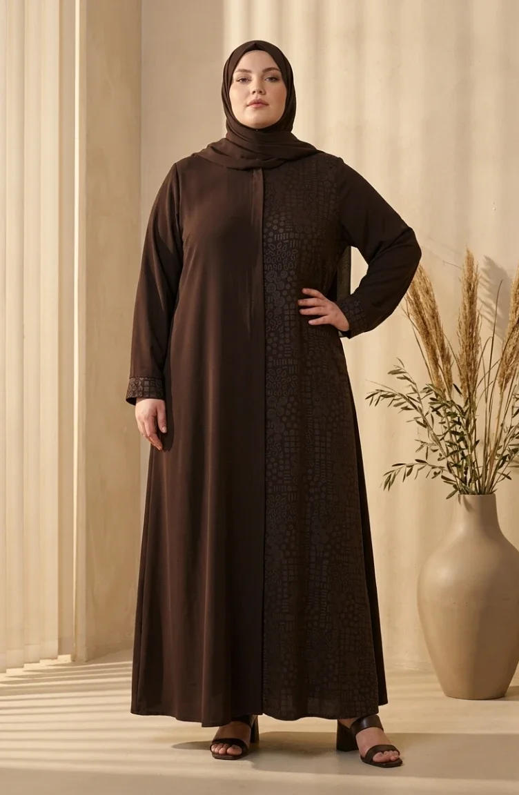 Plus Size Geometric Patterned Bukhara Fabric Abaya 6375-01 Brown 6375-01