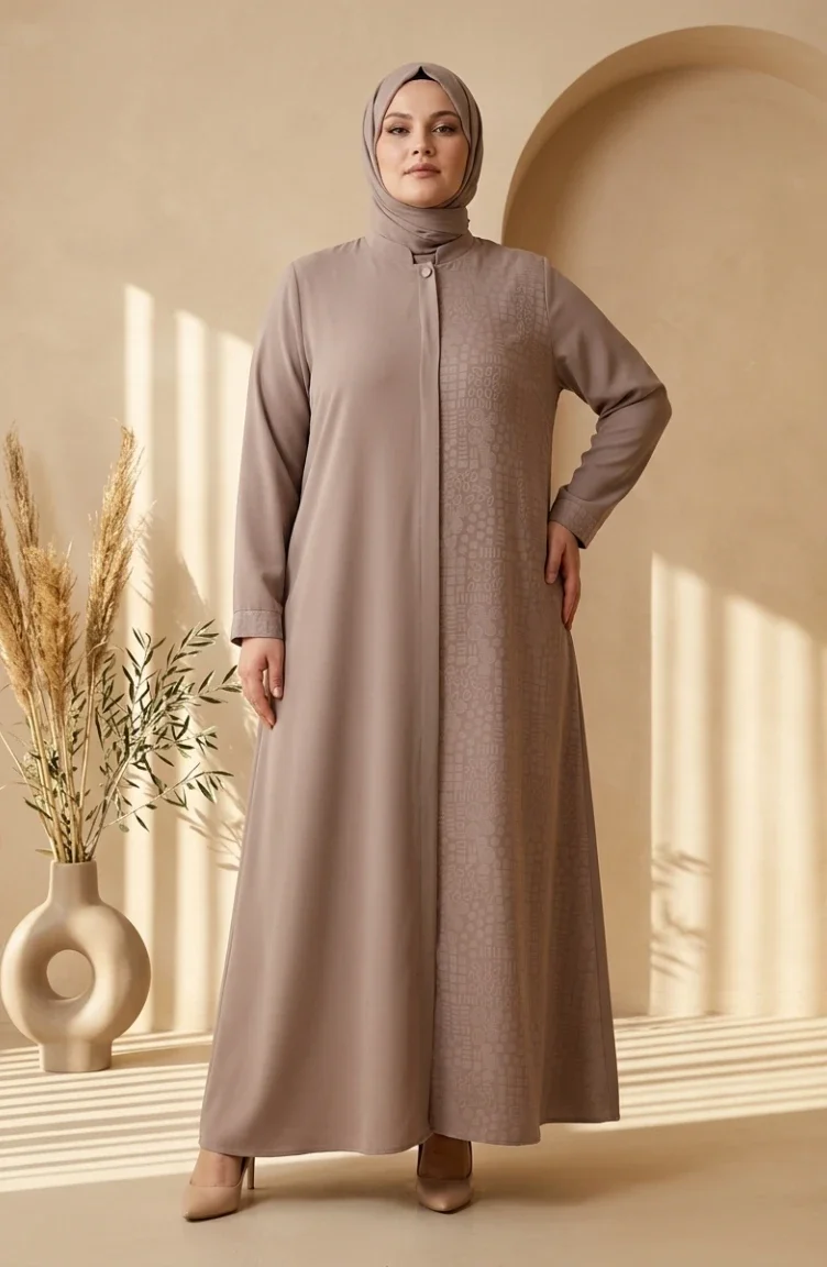 عباية من قماش بخارى بنقوش هندسية بمقاسات كبيرة 6375-02 لون المنك 6375-02