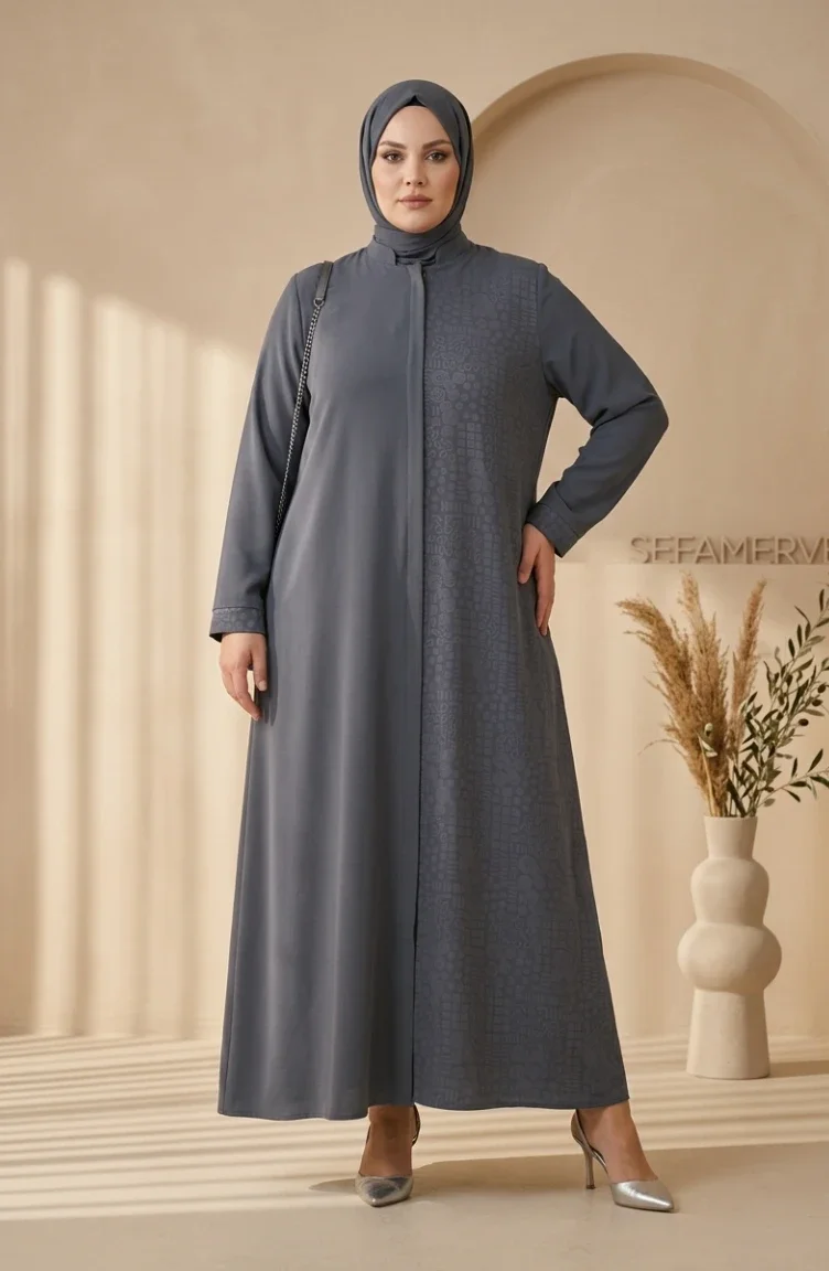 Plus Size Geometric Patterned Bukhara Fabric Abaya 6375-03 Anthracite 6375-03