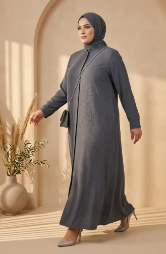 Plus Size Geometric Patterned Bukhara Fabric Abaya 6375-03 Anthracite 6375-03